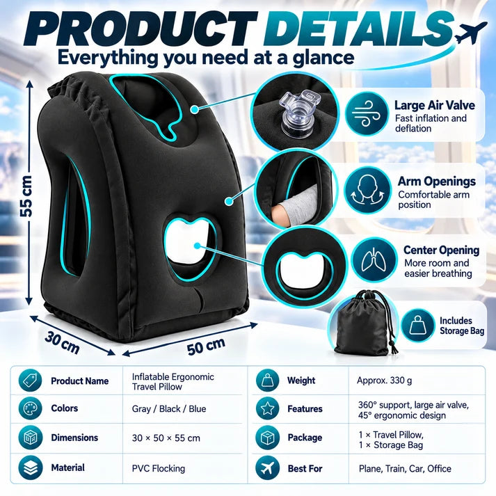 ✈️😴 Portable Inflatable Ergonomic Travel Pillow: Enjoy Comfortable Sleep Anywhere, Anytime 🧳💤